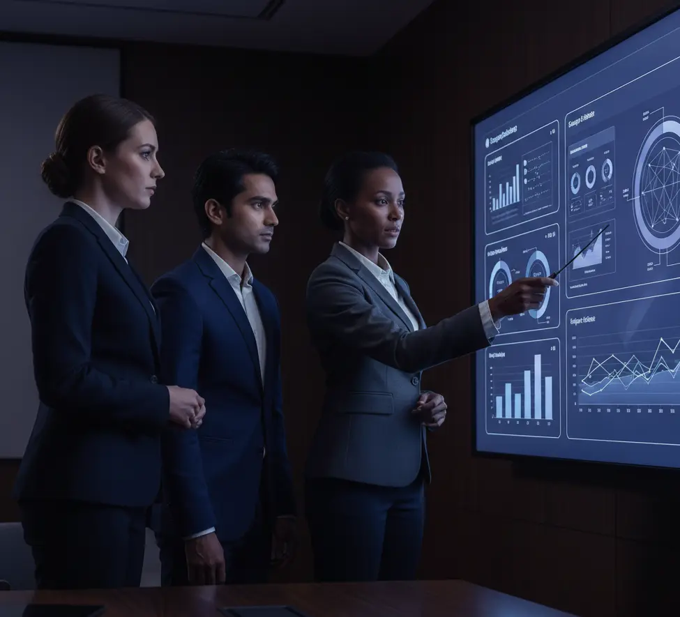 Business owner reviewing automation analytics on a large screen