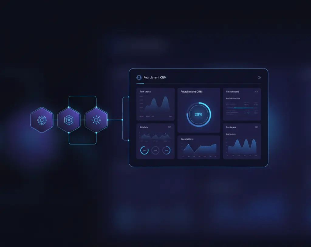 Modular AI system components connected to a recruitment CRM dashboard